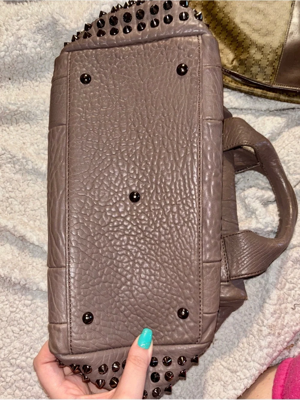 MCM Keana Gunmetal Studded Pebbled Leather Satchel Bag